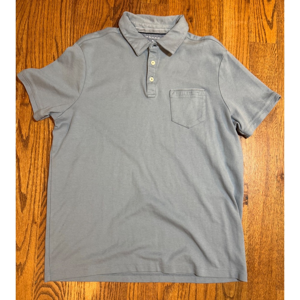 Tahari Mens Short Sleeve Cotton‎ Polo Shirt Blue Grey Pocket XL 1396353
